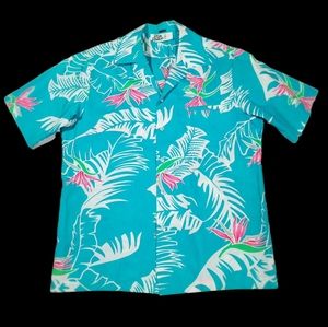 Vintage Hilo Hatties Hawaiian teal button up Size L